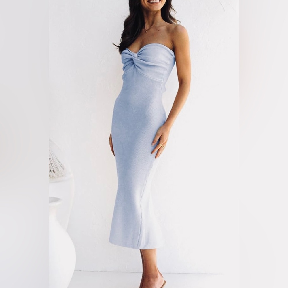 Womens Sexy Twisted Front Strapless Midi Bodycon Dress with Back Slit